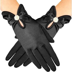 Women's Elegant Bow Pearl Flower Gloves Short Satin Gloves Opera Dinner Party Gloves