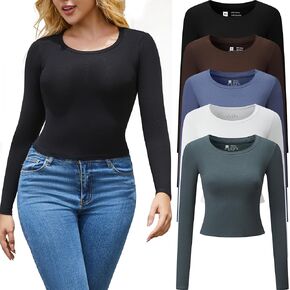 FMNNNN 5 Piece Women's Crop Tops Long Sleeve Crew Neck Stretch Fitted Workout Exercise Crop Tops