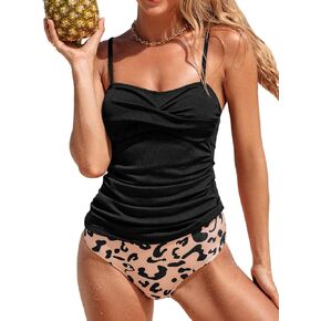 CUPSHE Women's Tankini Sets Two Piece Bathing Suits High Waisted V Neck Adjustable Straps Ruching Wrap Ribbed