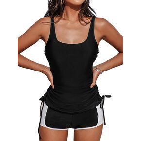 CUPSHE Women's Tankini Sets Two Piece Swimsuit Mid Rise Boy Shorts Scoop Neck Adjustable Straps Drawstring