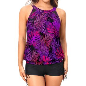 Yonique Tankini Swimsuits with Shorts - Tummy Control Two Piece Blouson Bathing Suits High Neck Swimwear