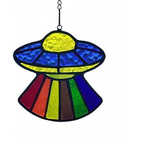 UFO Suncatcher Stained Glass Windows Hanging for Home Decor, UFO Space Themed Gifts for Kids, Alien Themed Party Decorations