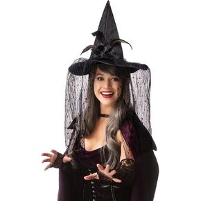 Halloween Witch Hat - Lace Halloween Costumes Outfit for Women, Witches hats for Women Adult Attached Veils Cosplay Costume Halloween Accessories for Decorations