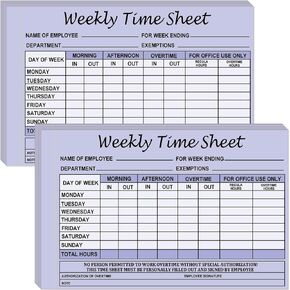 Employee Weekly Time Sheets Weekly Format 2 Part Carbonless 5.5 x 8.26 Inch - Daily Time Sheet Log Book Weekly Format 100 Sets