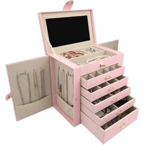 jewelry box large, 6-tier jewelry organizer with mirror and 5 drawers for women and girls to store earrings, rings and necklaces(Brown)