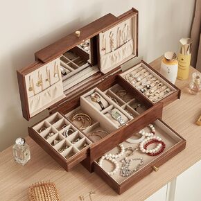 Wooden Jewelry Box for Women, 3 Level Multi-functional Drawers Black Walnut Jewelry Organizer Box, Watch, Necklace, Ring, Earring Storage Gift Case Birthday Gifts (With Mirror B)