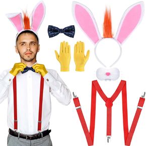 5 قطع من زي الأرنب تتضمن عصابة رأس على شكل أرنب مع قناع أنف أرنب وربطة عنق صفراء وقفازات حمراء قابلة للتعديل على شكل أرنب قابلة للتعديل للرجال والنساء في الهالوين in Kuwait