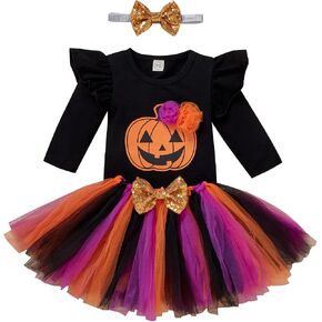 Baby Girls 1st Halloween Pumpkin Ghost Costume Long Sleeve Romper & Tutu Skrit & Headband Outfit Photo Shoot Set in Saudi Arabia