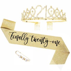 21st Birthday Sash and Tiara, Finally 21 Birthday Tiara Set for Girls Party Supplies, Birthday Tiara Crowns for Women(Rose Gold)