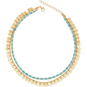 Boho Double Layer Choker Necklace For Women Turquoise Layered Beaded Necklaces - Gold Disc Necklaces Bohemia Sequin Necks Jewelry