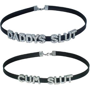 2 Pieces Set DADDY'S SLUT and CUM SLUT Choker Necklaces,Rhinestone Chokers For Women Honey Princess Hotwife,Cute Sexy Dad Collar For Girls,Faux Leather Daddy Chokers Necklace Jewelry, Black