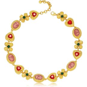 Statement Necklace for Women Chunky Choker Necklace Vintage Pink Cameo Heart Flower Charm Colorful Gold Plated Chain Necklace Non-Tranish Renaissance Jewelry
