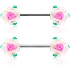 14GA 316L Stainless Steel Pink and White Rose Flower Nipple Barbells, Sold as a Pair