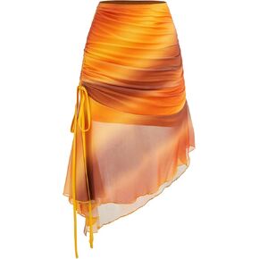 CIDER Miami Sunset Vacation Mesh Asymmetrical Hem Ruched Midi Skirt