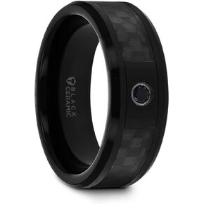 Mens Black Ceramic Black Diamond Wedding Ring - Black Carbon Fiber Inlay Comfort Fit - 8mm Wide - Style name: ABERDEEN