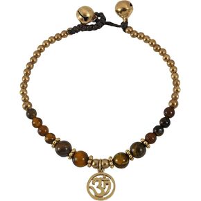 AeraVida Mystical Aum or Om Tiger's Eye and Brass Beads Jingle Bell Bracelet | Classic Handmade Jewelry for Women | Vintage Gifts for Women | Statement Bracelet | Boho Jewelry | Religious Ornament
