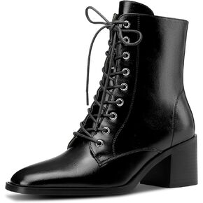 Castamere Womens Mid Chunky Block Heel Lace-up Ankle Boots Side Zipper Square Toe Short Bootie Casual Combat Boots 2.4 Inches Heels