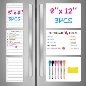 6 Pack Magnetic Dry Erase Board, 3 Pack 8'' x 12'' Magnetic Whiteboard for Fridge, 3 Pack 5'' x 8'' Magnetic Notepad for Kitchen Planner, Erasable Magnetic Board for Fridge with 6 Markers, 1 Eraser