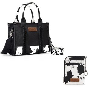 Montana West Wrangler Cow Print Tote & Full Cow Print Card Holder Black in Kuwait