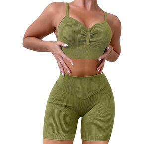 Workout Outfits for Women 2 Piece Seamless Ribbed Sports Bra High Waist Shorts Yoga Sets.JNINTH