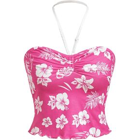 WDIRARA Girl's Boho Cami Top Floral Printed Sleeveless Tube Tops Halter Strap Ruched Tank Tops