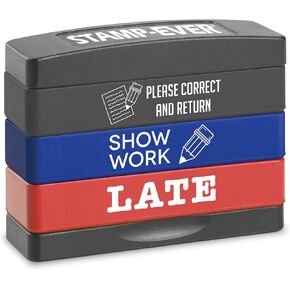 Stakz Pre-Inked Teacher Message Stamp – Please Correct and Return, Show Work, Late -Red, Blue and Black Ink – Impression Size: 5/8" x 1-13/16"