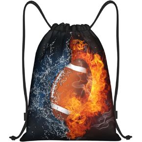 Football Drawstring Backpack Sports Backpack Bag for Kids Teens Adults Boys Girls Women Men, Sport Gym Swim Travel Work Hiking Daypack Bag with Water and Fire Pattern Printed, Small