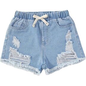 SHENHE Girl's High Elastic Waist Jeans Ripped Raw Hem Bow Front Casual Denim Shorts