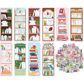 100Pcs Book Tracker Bookmarks with 100Pcs Book Stickers, Bookshelf Design Bookmarks and Reading Stickers for Bookish, Reading Page Markers Bookmark Gifts for Book Lovers Women Teens Students Teachers