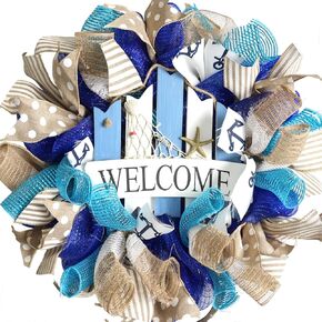 20 Inch Summer Coastal Beach Blue Mesh Burlap Ribbon Wreath for Front Door, Rustic and Farmhouse Style with Seashells and Starfish, Perfect for Inside and Outside Home Decor