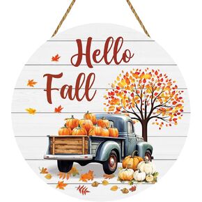 Fall Door Decor Fall Truck Wall Decor Hello Fall Door Sign Wooden Fall Door Wreath Rustic Truck Maple Leaf Pumpkin Door Hanger for Harvest Thanksgiving Porch Farmhouse Indoor Decor