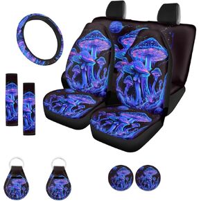 Mushroom Car Seat Cover Full Set Universal Front Rear Bench Bucket Seat Cover Car Accessories Steering Wheel Cover Seatbelt Strap Cover Auto Coasters+ Keychains Trippy Galaxy Purple Blue