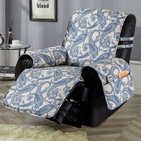 STONECREST Non Slip Recliner Chair Cover - Paisley Printing, Cotton Pre-Washed Recliner Cover, Embroidery Quilt Recliner Slipcover, Stay in Place (Blue, Recliner 25" Regular)