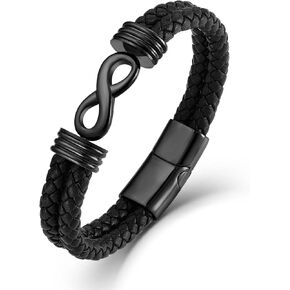 Double Row Leather Infinity Bracelet Stainless Steel Braided Leather Number 8 Wristband Cuff Bangle Bracelets Gifts for Men, 8.3 inches