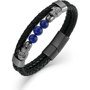 Mens Skull 3 Stone Beaded Leather Cuff Bracelet, Wood Grain Lapis Lazuli Lava Rock Stone Bangle Bracelet for Men, with Stainless Steel Clasp
