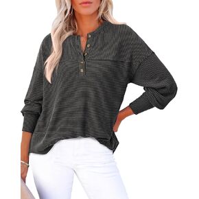 KIRUNDO Womens Tops Casual Ribbed Knit Long Sleeve Henley Shirts Button V Neck Curved Split Hem Loose Work Blouse Tunics