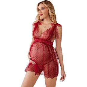 SOLY HUX Women's Maternity Polka Dots Deep V Neck Mesh Babydoll Nightgown with Thong 2 Piece Lingerie Set in Kuwait