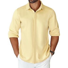 COOFANDY Men's Untucked Shirts Long Sleeve Button Down Shirts Wrinkle Free Stretch Shirt Light Khaki