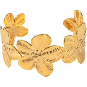 Chunky Gold Bracelet for Women 14K Gold Plated Cuff Bracelet Vintage Flower Bracelet Wide Open Cuff Bangles Statement Bracelet Jewelry Chrismas Birthday Flower Charm…