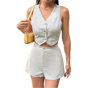 SHENHE Women's 2 Piece Outfits V Neck Button Up Crop Suit Vest Top and Shorts Set