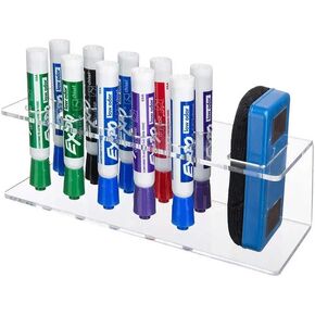 Clear Wall Mounted Marker Holder, Dry Erase Marker Holder | Sturdy Acrylic Material, Mounts To Wall, Marker Tip Slot Keeps Markers In Place | Holds 10 Markers & 1 Eraser (2.9x9.5x3.5in)