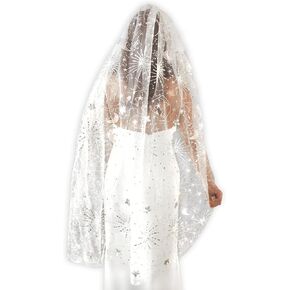 Starry Star Bridal Veil Silver Sequins Glitter Veil Luxury Fireworks Bachelorette Party Veil Sparkly Star and Moon Tulle Fingertip Length Veils for Brides
