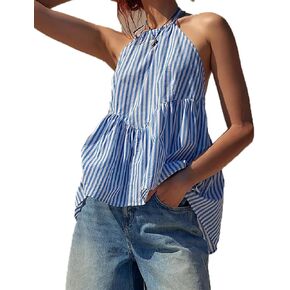 NUFIWI Sexy Stripe Peplum Halter Top Sleeveless Open Back Striped Camisole Tie Neck Ruffled A Line Cami Tank Tops