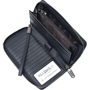 Women's RFID Blocking Leather Zip Around Wallet Large Phone Holder Clutch Travel Purse Wristlet (Black)