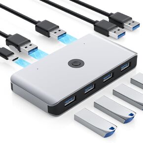 Opluz USB 3.0 KVM Switch Selector 2 أجهزة كمبيوتر مشاركة 4 منافذ USB 3.0 محول USB للوحة المفاتيح والماوس والطابعة والماسح الضوئي والكمبيوتر المحمول ومحول التبديل بزر واحد مع 2 حزمة من كابلات USB 3.0