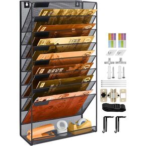 9 Tier Mesh Hanging Wall File Organizer Vertical Wall Mount Paper Organization, Wall Mounted File Holder Paper Folder Rack for Office School Home, Nametag Label Set Included