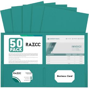 Two Pocket Folders, RAZCC 50 Pack 2Pocket Folders Fit Letter Size Paper, Paper Folders with Pockets for School Office Business Home, Turquoise