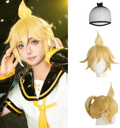 شعر مستعار JoneTing Kagamine Len [+ قبعة شعر مستعار] للرجال شعر مستعار قصير أشقر أصفر مموج ذيل حصان مع شعر مستعار أشقر أصفر شعر مستعار للرجال شعر مستعار أشقر قصير أصفر لحفلات الهالوين التنكرية in Kuwait