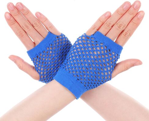 Blue Fishnet Gloves Fingerless for Women 80s Short Mesh Gloves Retro Stretch Nylon Fish Net Gloves Fingerless Fishnet Gloves for Women Girls 80's 90s Theme Party Halloween Cosplay Costume Accessories in Saudi Arabia