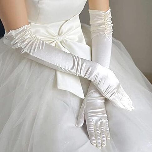 Latious Long Opera Satin Gloves White Bride Wedding Gloves Elbow Length 1920s Prom Gloves for Women in Kuwait